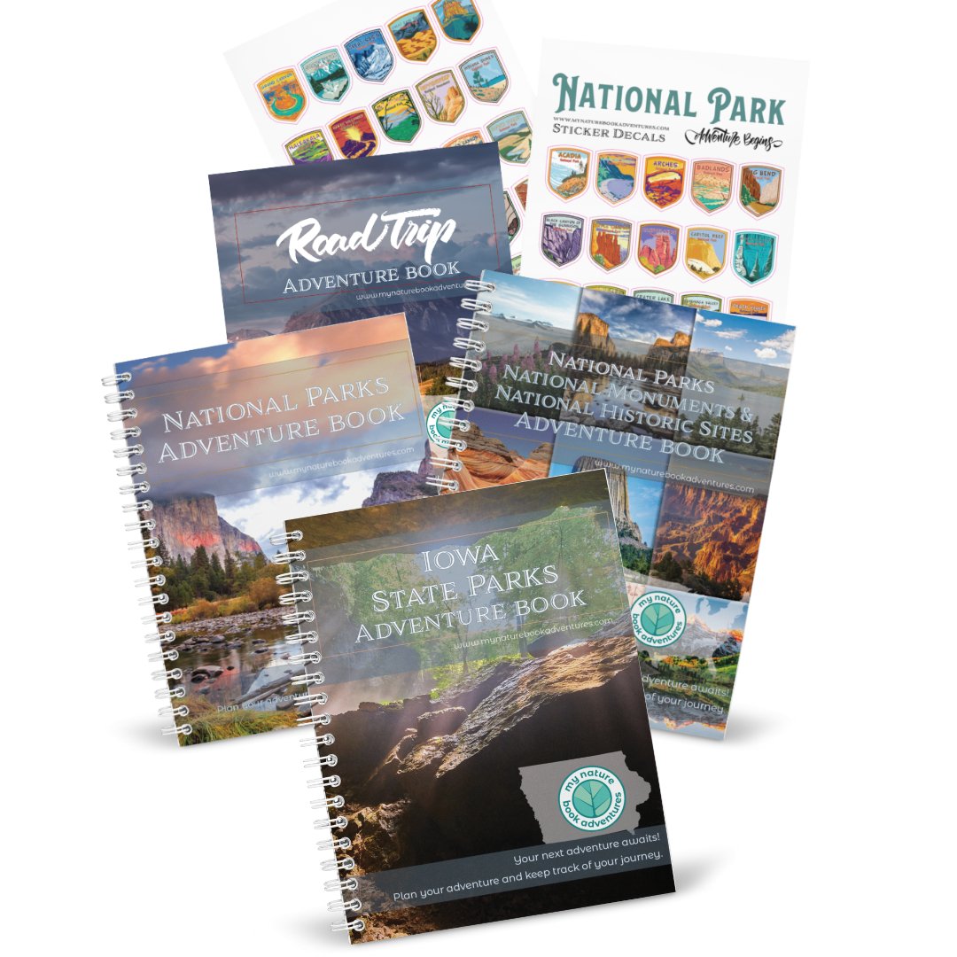 Iowa State Park Adventure Book + National Park + National Parks, National Monuments, and National Historic Sites Combo + 63 Decals + Road Trip Adventure Book - My Nature Book Adventures