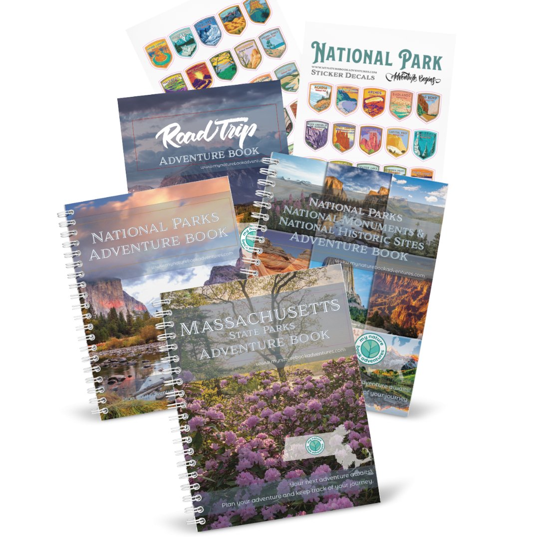 Massachusetts State Park Adventure Book + National Park + National Parks, National Monuments, and National Historic Sites Combo + 63 Decals + Road Trip Adventure Book - My Nature Book Adventures