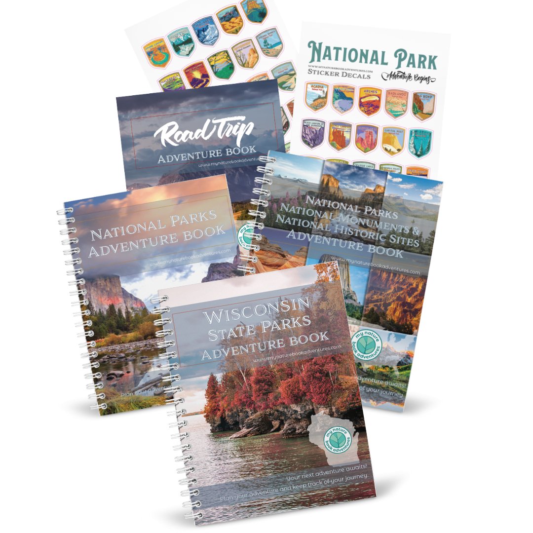 Wisconsin State Park Adventure Book + National Park + National Parks, National Monuments, and National Historic Sites Combo + 63 Decals + Road Trip Adventure Book - My Nature Book Adventures